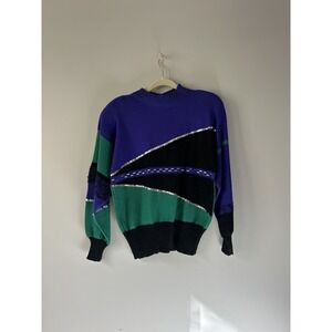 Aya 80s  Vintage Purple & Green Color block Sweater  80s Shoulder Pads